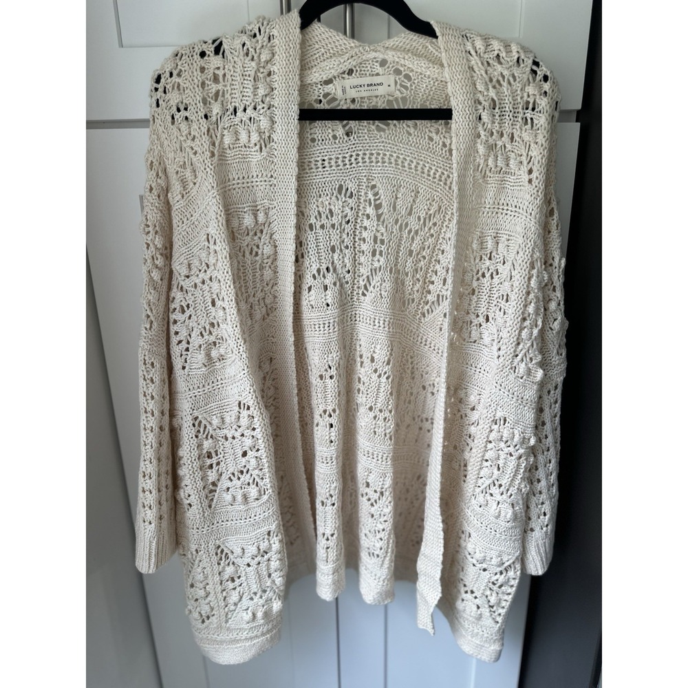 Lucky Brand Women's M Crochet Cardigan Sweater Cream Knit Boho NWT $119 0337